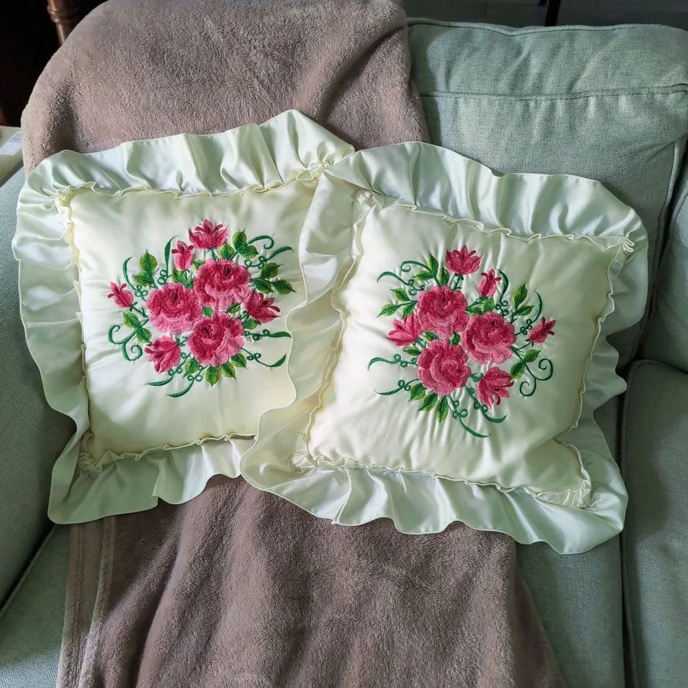 Vintage Satin Ruffle Embroidered Pillows Set of 2 Pink Floral Cottagecore Frilly